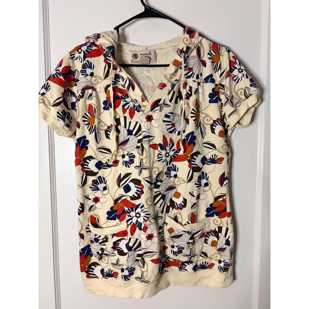 One World Live and Let Live Floral Short Sleeve Hoodie Cotton Pullover Large